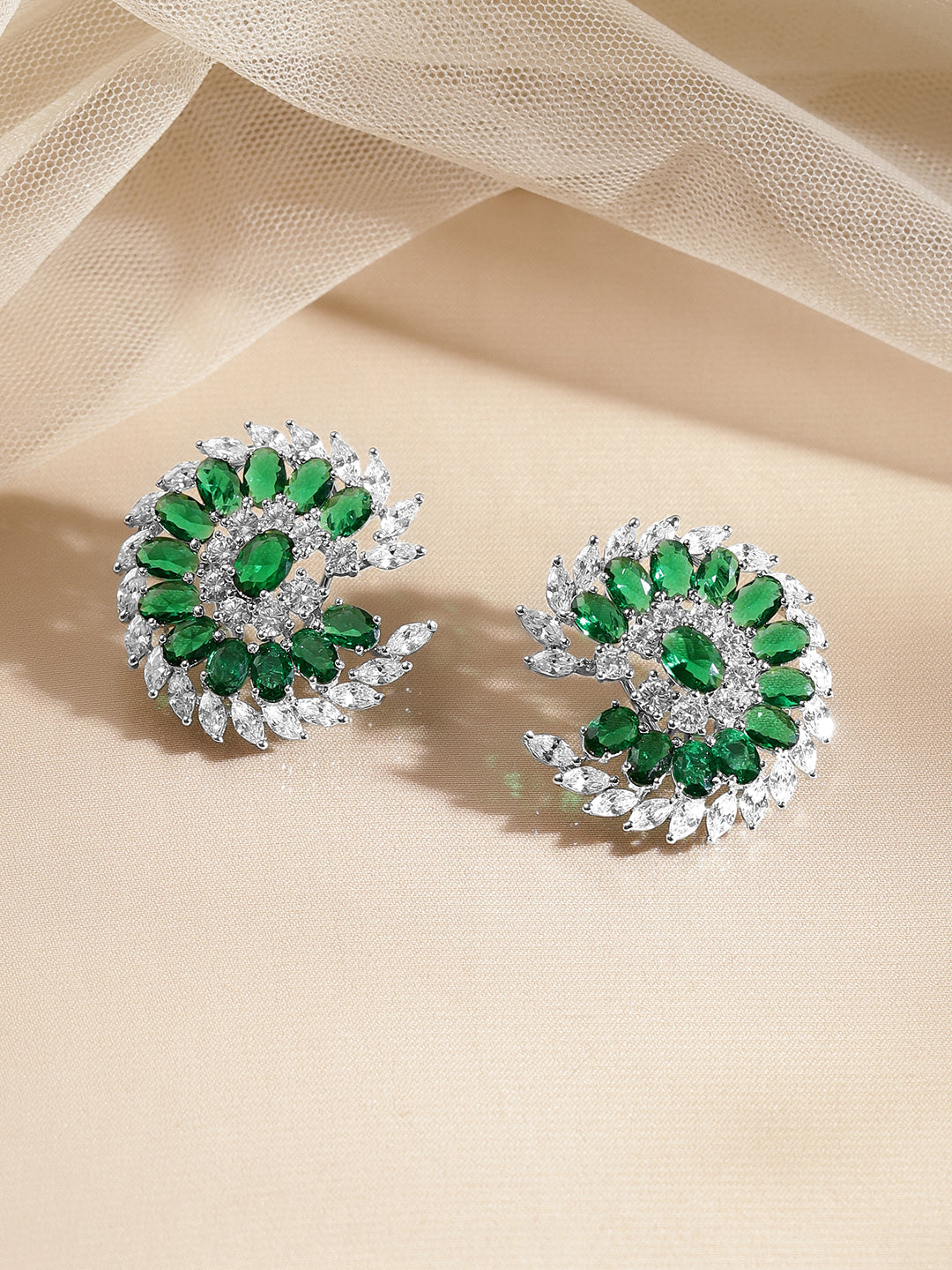 Emerald Diamond Floral Statement Stud Earrings