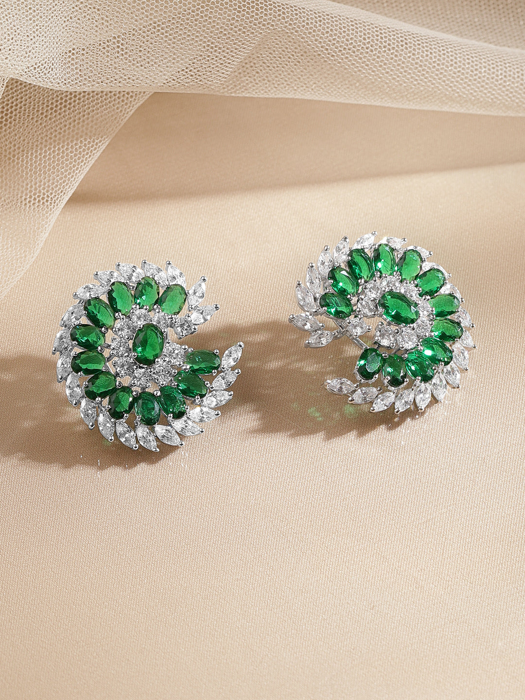 Emerald Diamond Floral Statement Stud Earrings