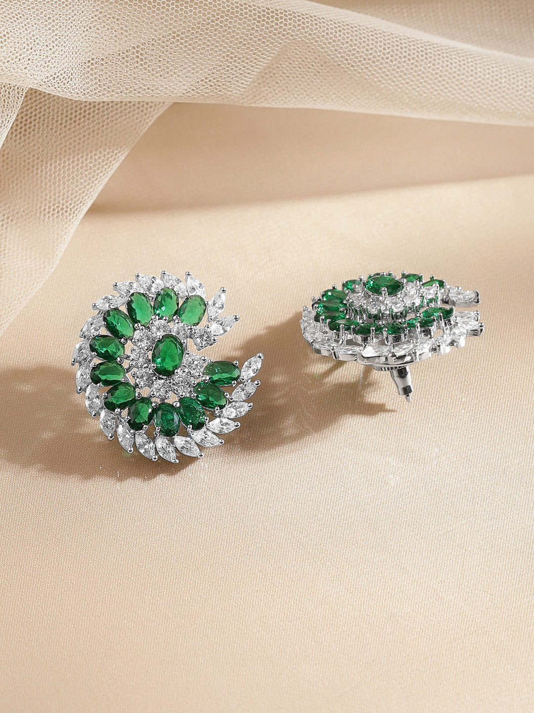 Emerald Diamond Floral Statement Stud Earrings