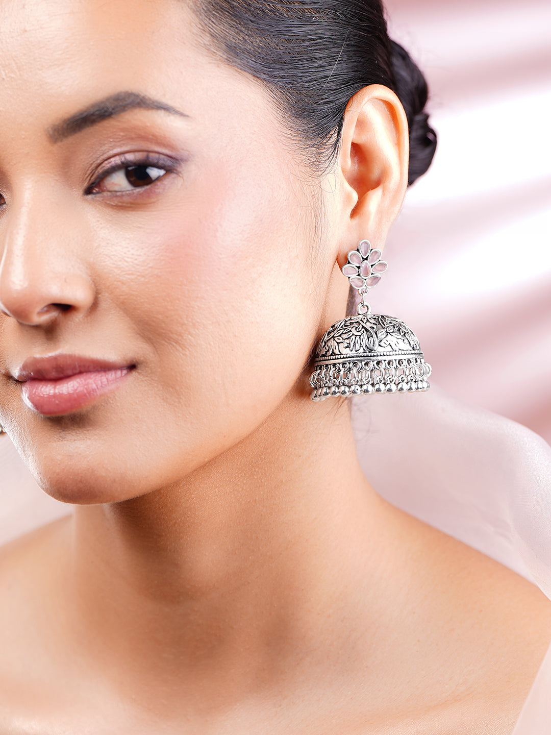 Oxidised Silver-Toned Pink Enamel Floral Jhumka Earrings
