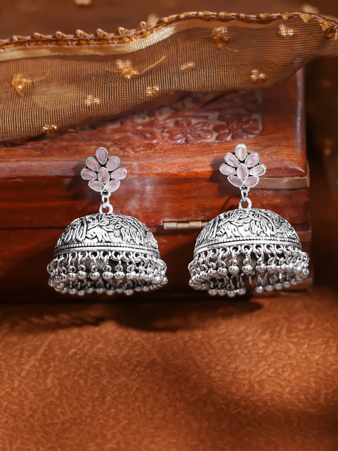Oxidised Silver-Toned Pink Enamel Floral Jhumka Earrings