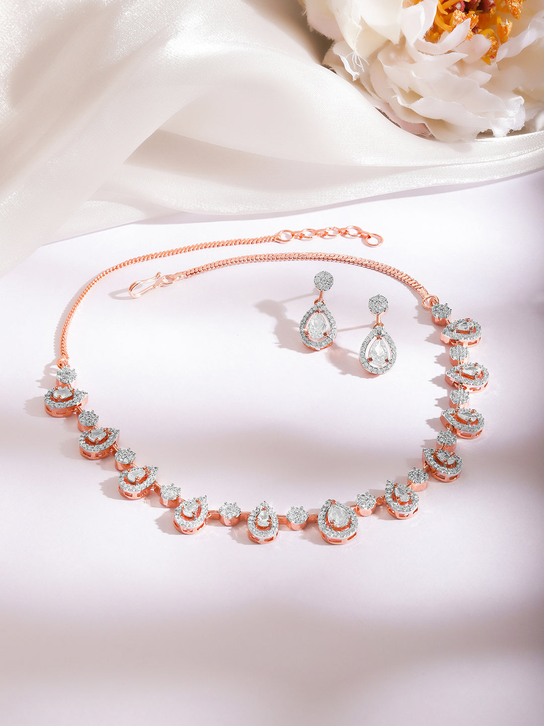 Rose Gold Plated Cubic Zirconia Teardrop Choker Necklace Set