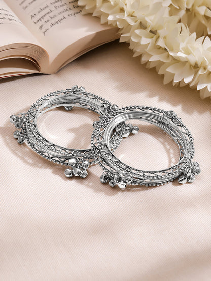Silver Ghungroo Charm Statement Bangles Set