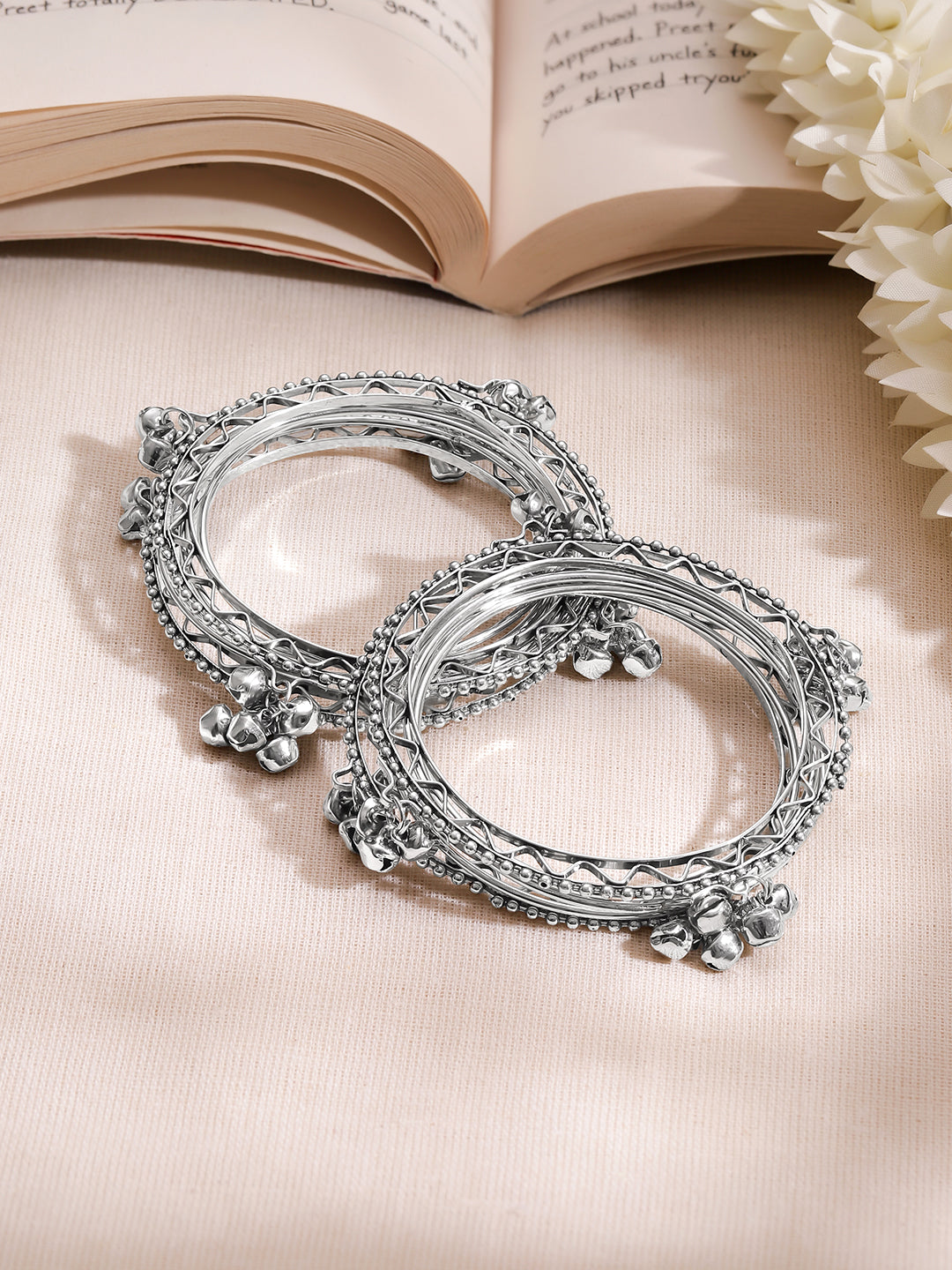 Silver Ghungroo Charm Statement Bangles Set