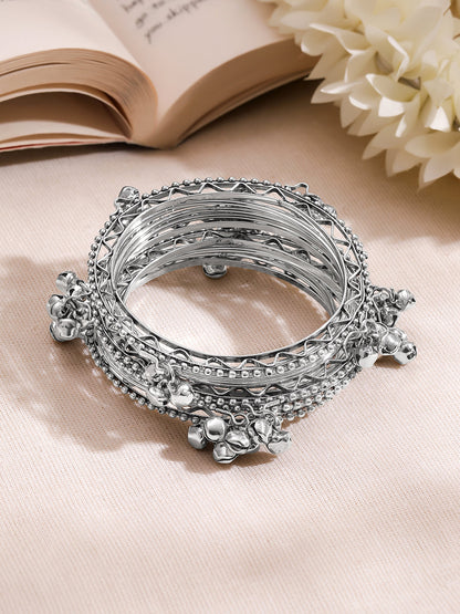 Silver Ghungroo Charm Statement Bangles Set