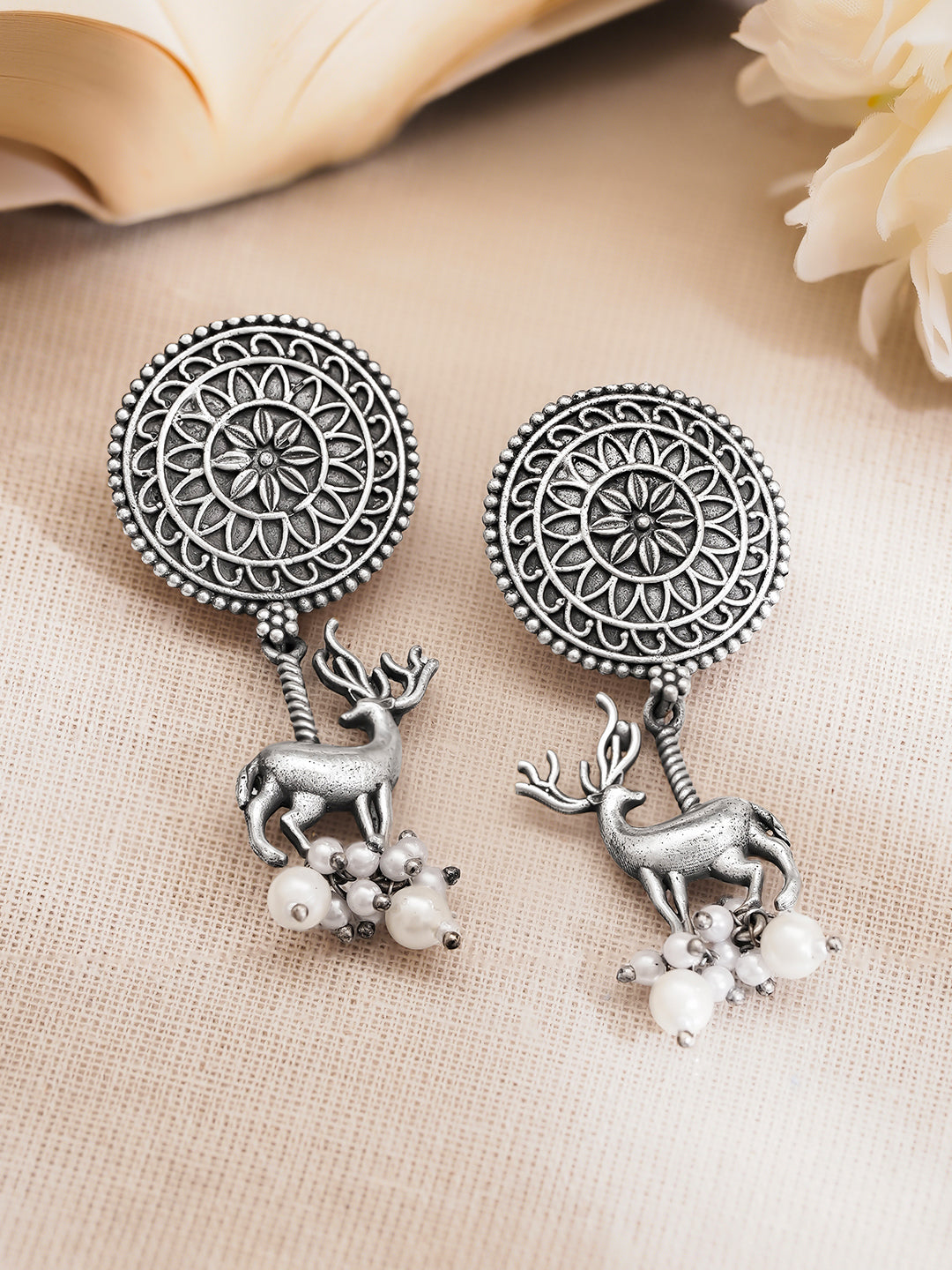 Rubans Women Oxidised Silver Tone Brass Deer Pearl Drop Earrings