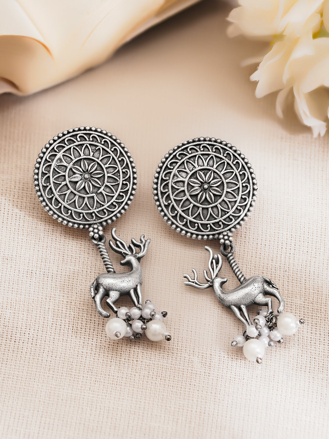 Rubans Women Oxidised Silver Tone Brass Deer Pearl Drop Earrings