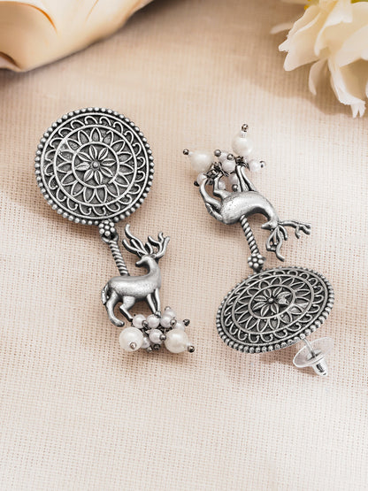 Rubans Women Oxidised Silver Tone Brass Deer Pearl Drop Earrings