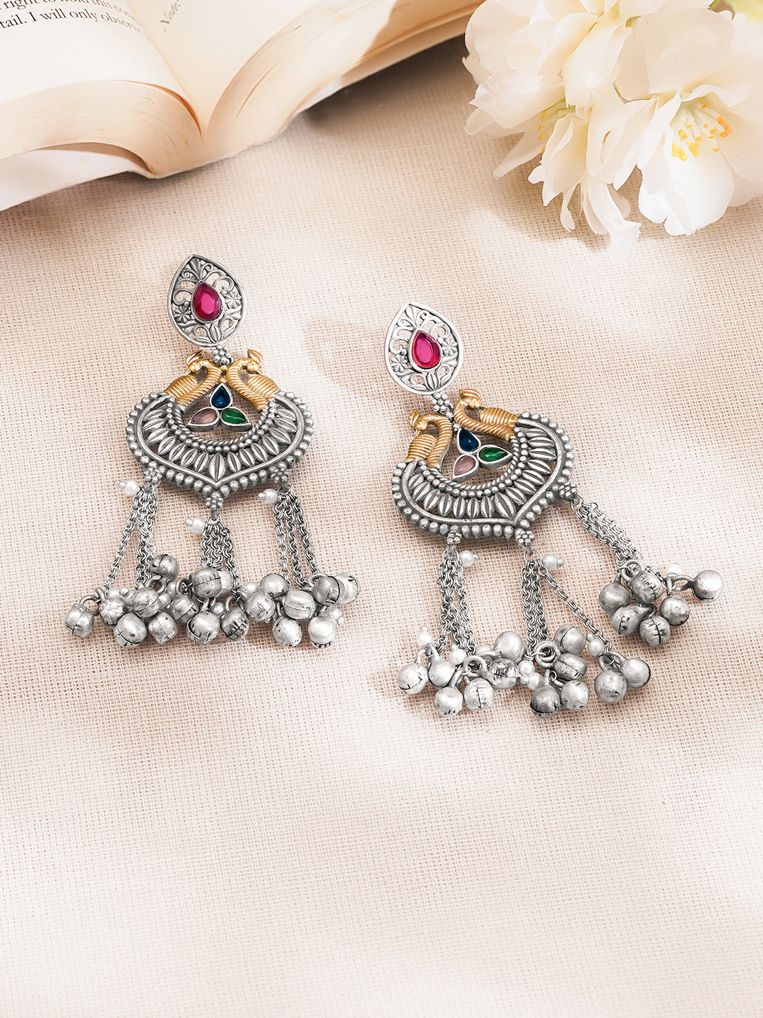 Rubans Oxidised Silver Tone Brass Multicolour Ghungroo Tassels Dangler Earrings