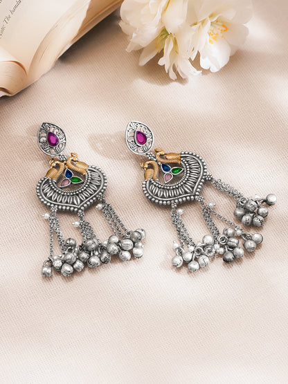 Rubans Oxidised Silver Tone Brass Multicolour Ghungroo Tassels Dangler Earrings