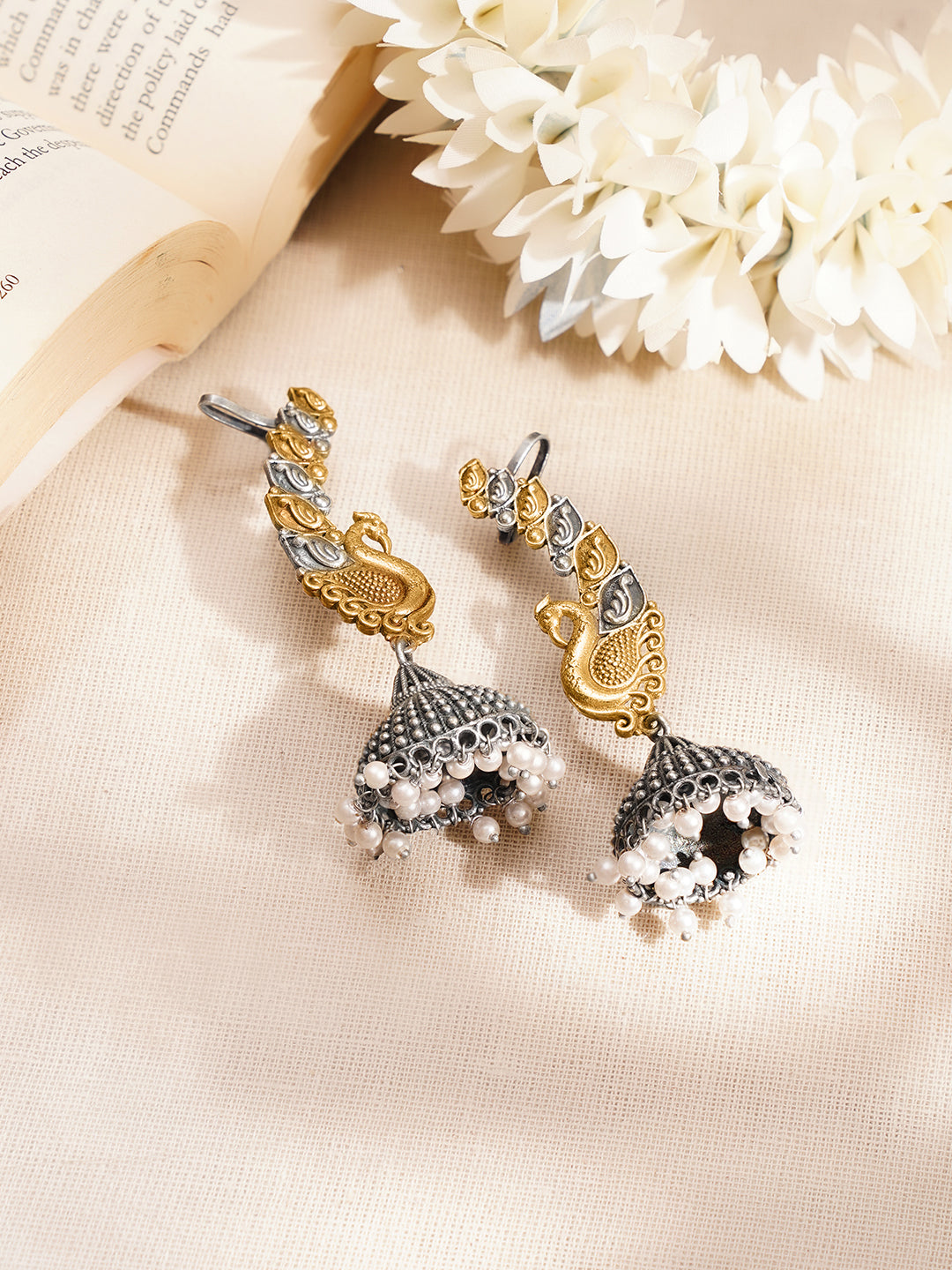 Dual Toned Oxidised Peacock Motif Ear Cuff