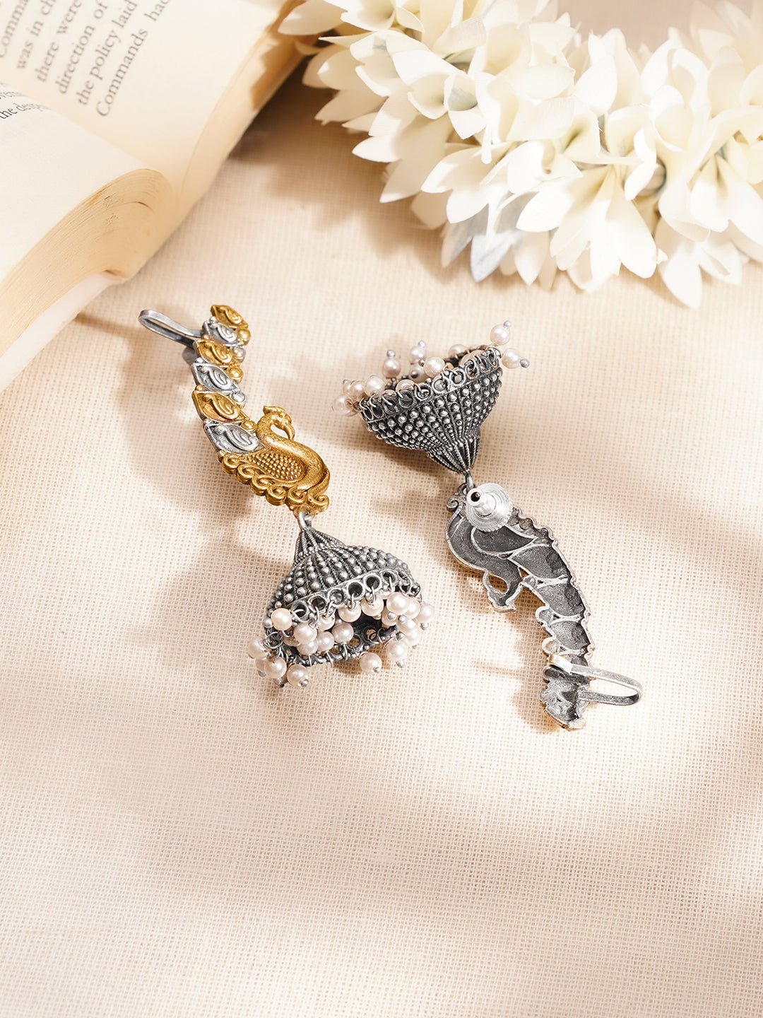 Dual Toned Oxidised Peacock Motif Ear Cuff