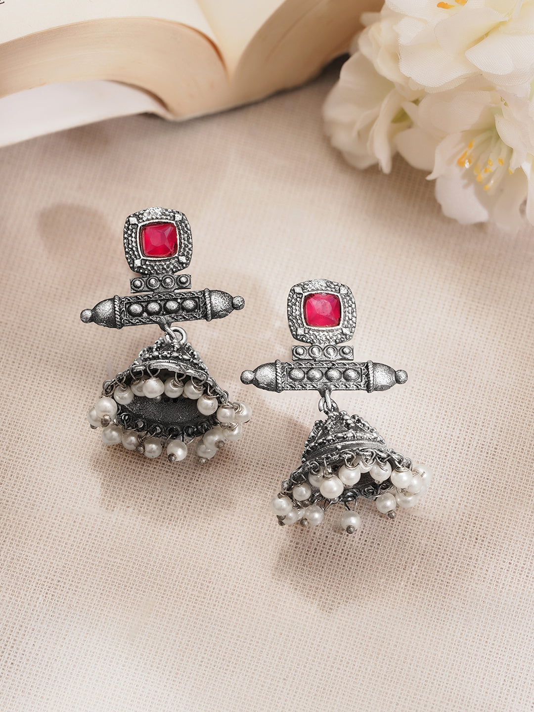 Rubans Women Oxidised Silver Tone Brass Ruby Pink Pearl Jhumka Earrings