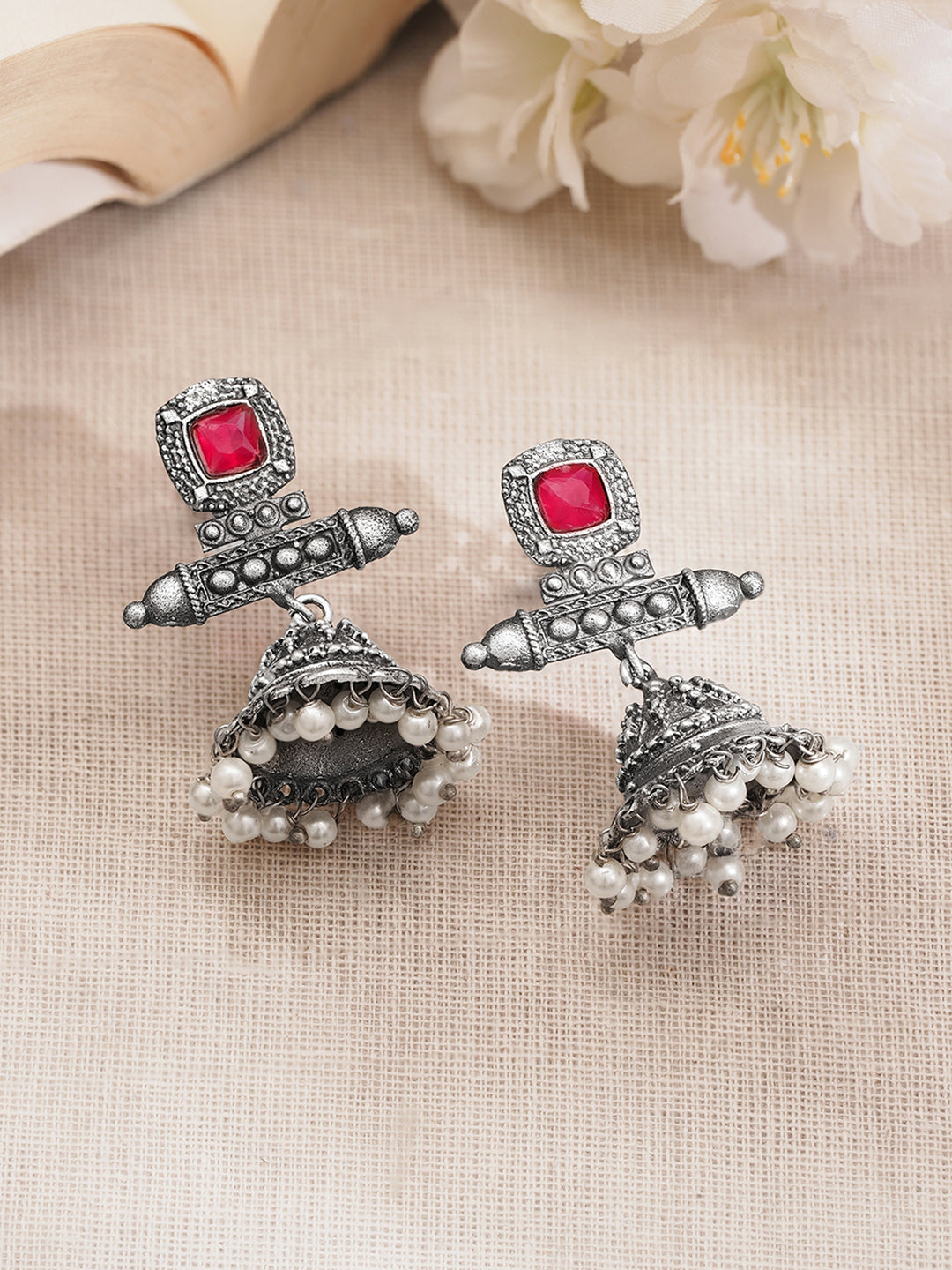 Rubans Women Oxidised Silver Tone Brass Ruby Pink Pearl Jhumka Earrings