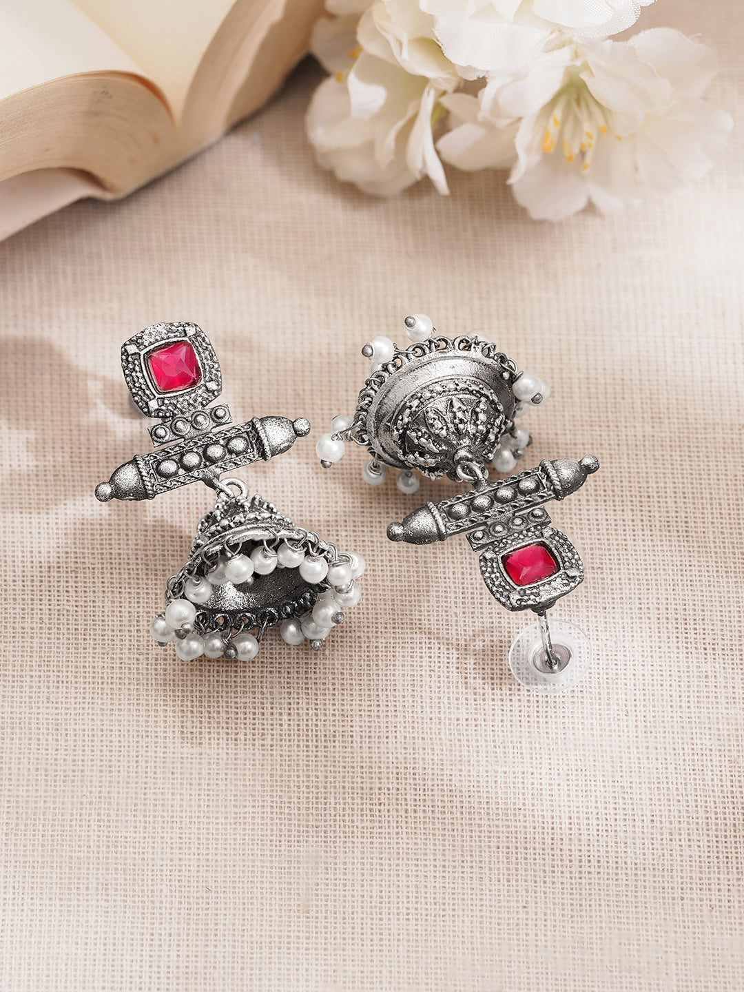 Rubans Women Oxidised Silver Tone Brass Ruby Pink Pearl Jhumka Earrings