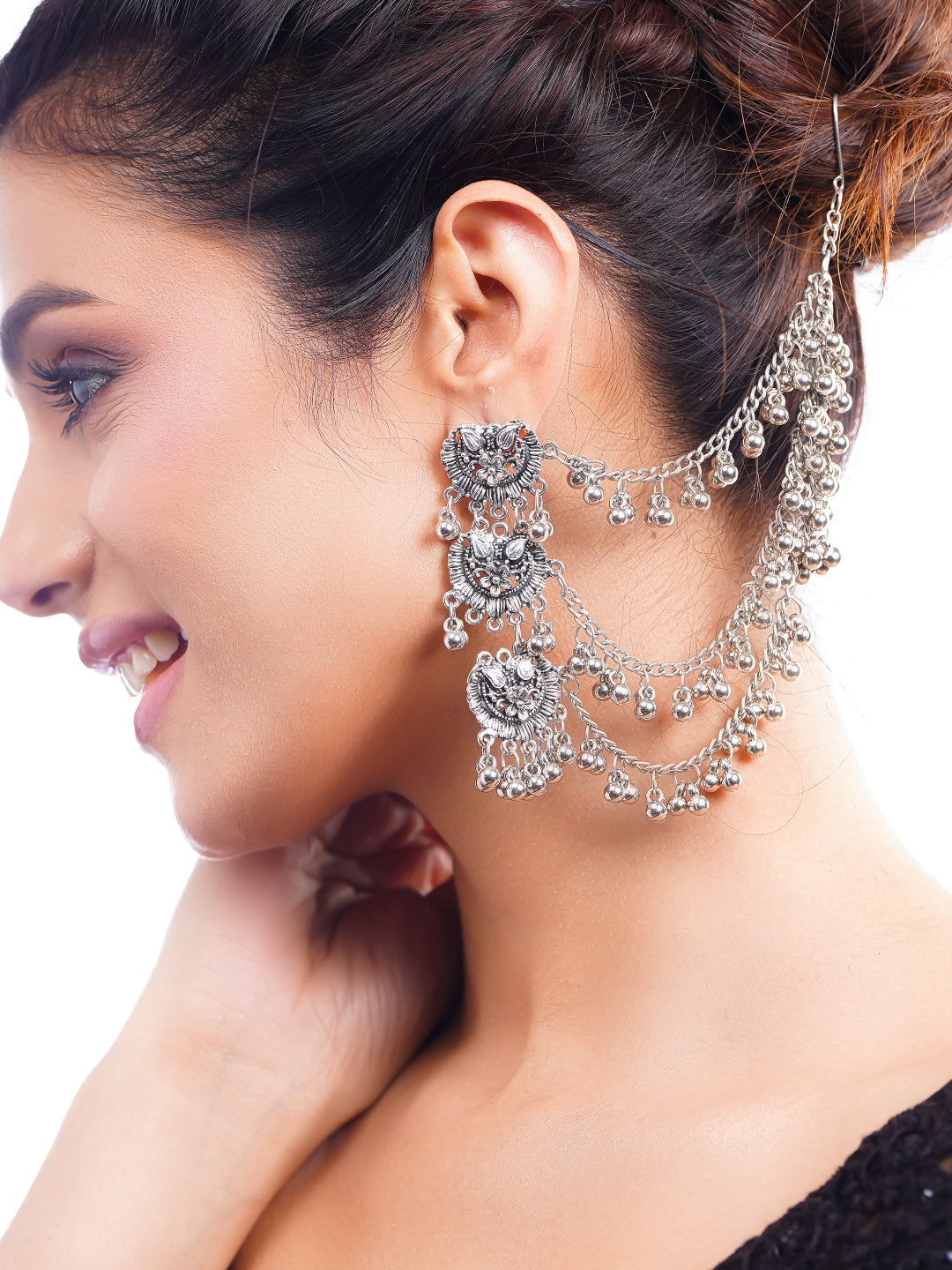 Oxidised Ghungroo Layered Ear Chain Statement Earrings