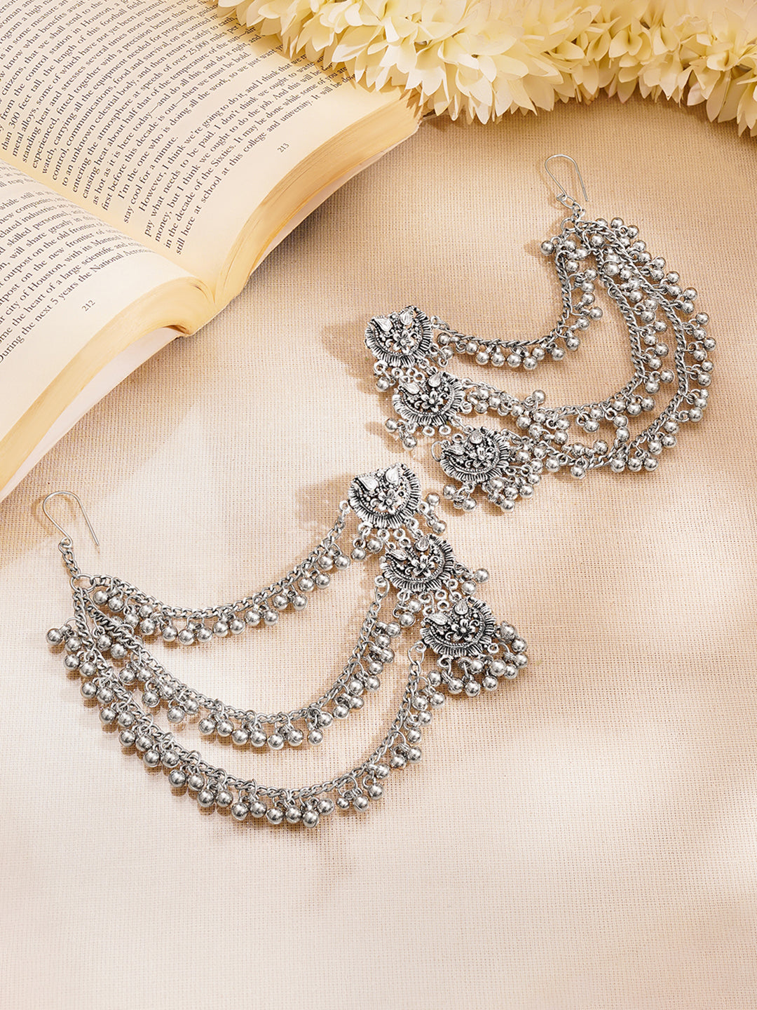 Oxidised Ghungroo Layered Ear Chain Statement Earrings