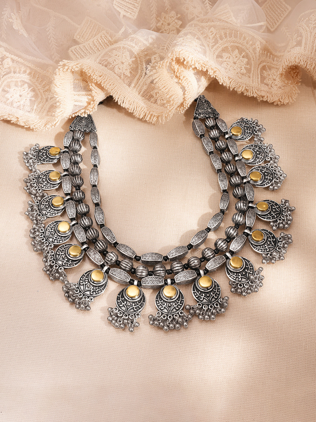 Oxidised Layered Tribal Charm Statement Necklace