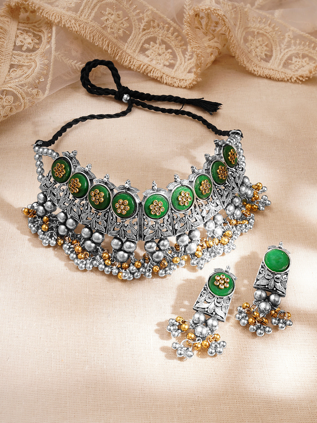 Women Oxidised Green Enamel Ghungroo Charm Choker Necklace Set