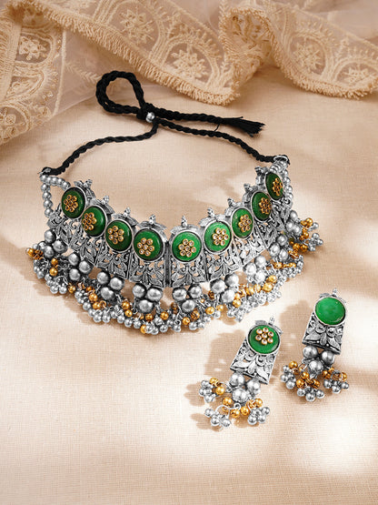Women Oxidised Green Enamel Ghungroo Charm Choker Necklace Set