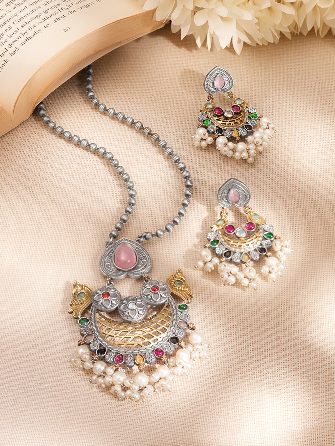 Oxidised Silver Multicolor Crescent Statement Set