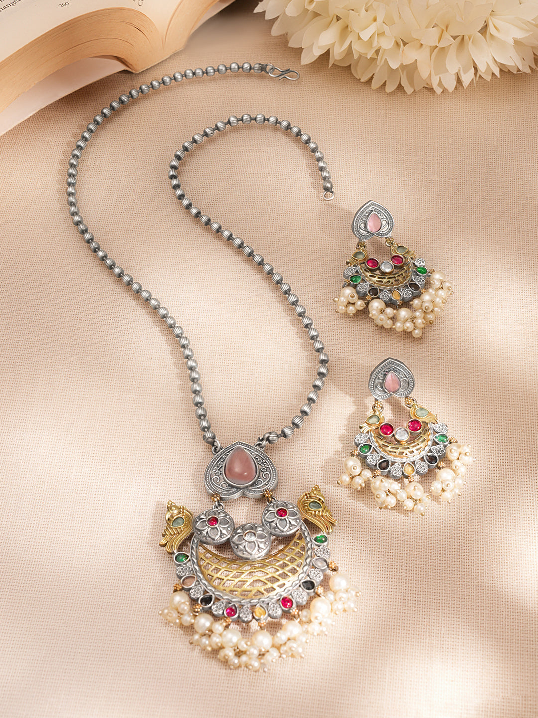 Oxidised Silver Multicolor Crescent Statement Set