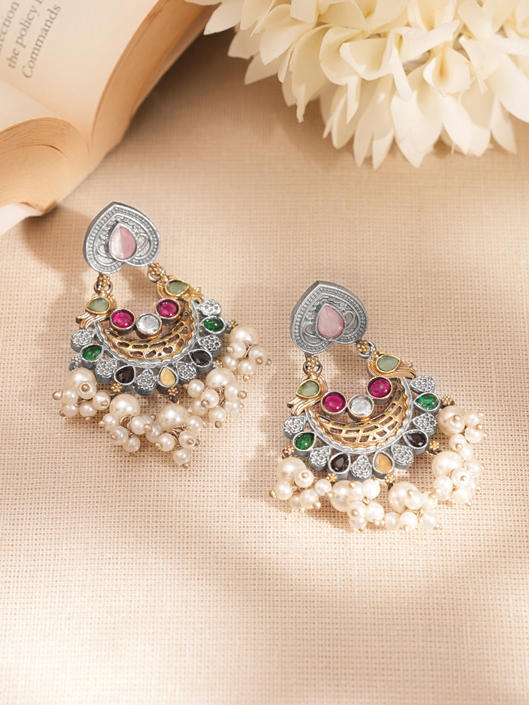 Oxidised Silver Multicolor Crescent Statement Set