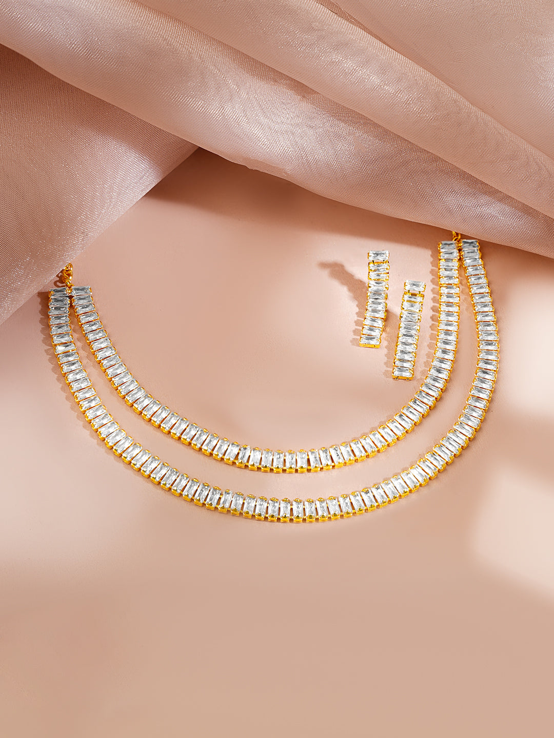 Gold Plated Layered American Diamond Statement Necklace Set