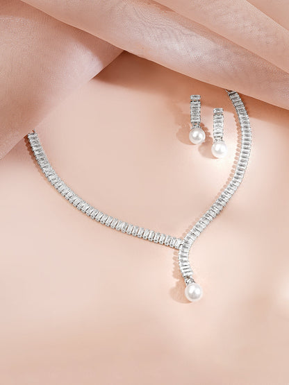 Rhodium Plated American Diamond Pearl Drop Y Necklace Set