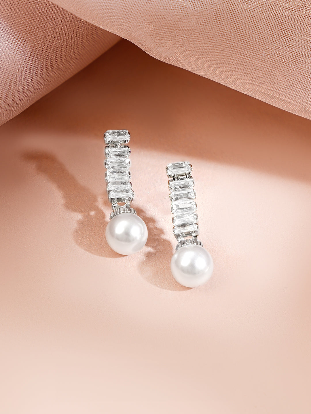 Rhodium Plated American Diamond Pearl Drop Y Necklace Set