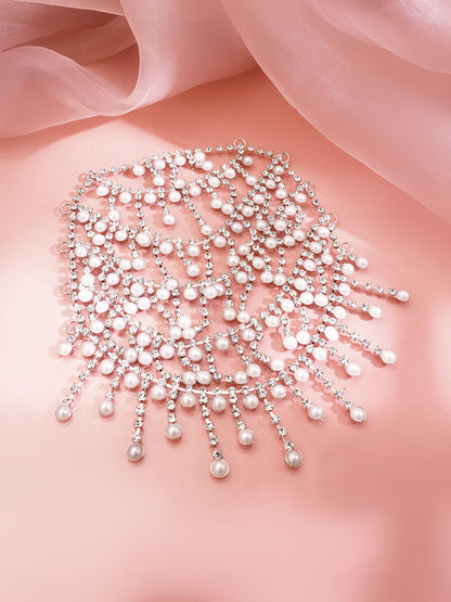 Rhodium Plated American Diamond Zirconia Pearl Beaded Hair Brooch