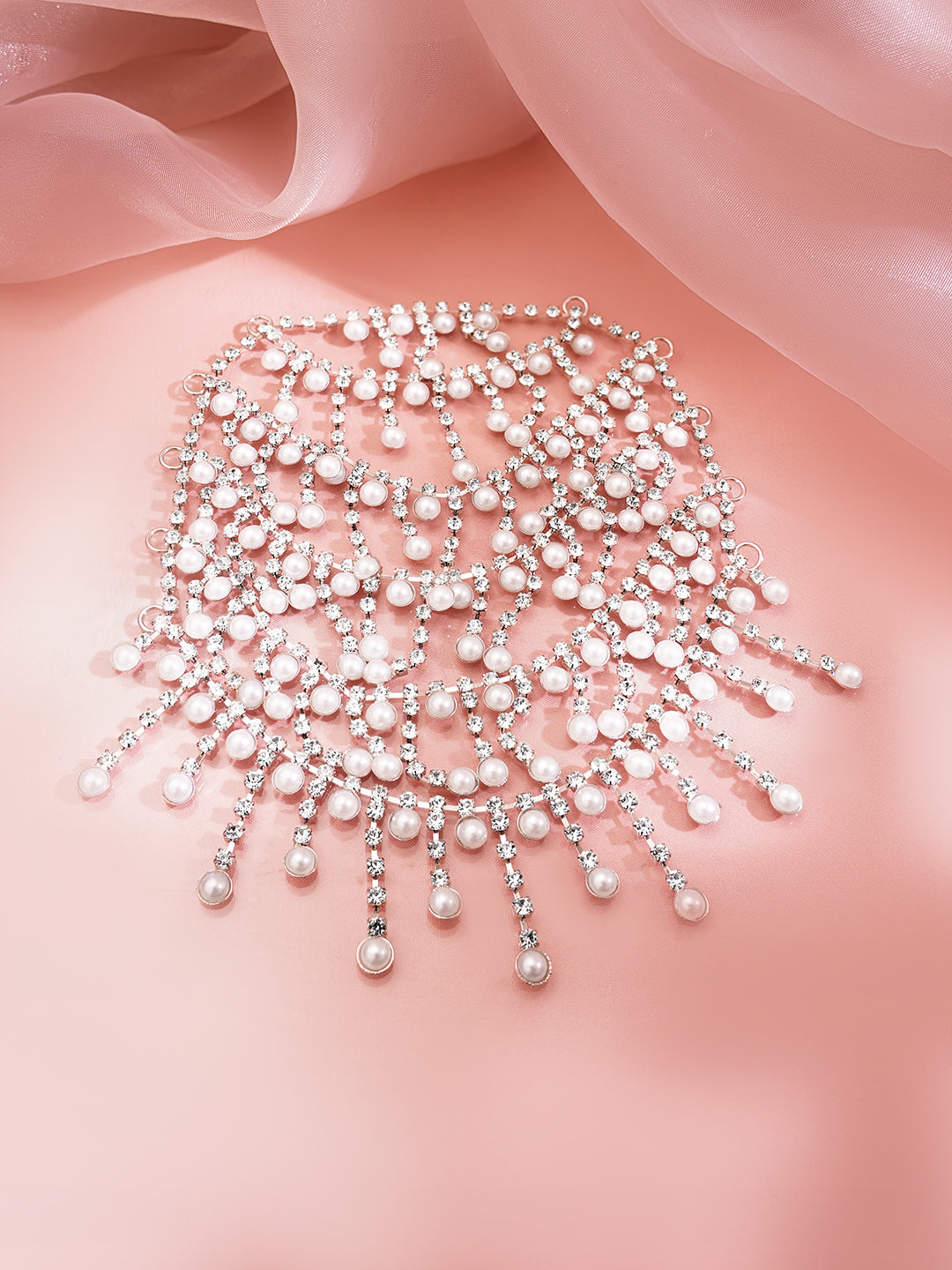 Rhodium Plated American Diamond Zirconia Pearl Beaded Hair Brooch