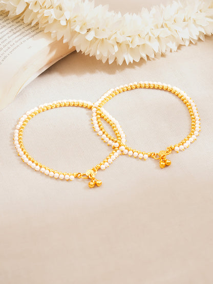 Set of 2 Gold Plated Pearl Beaded Anklet