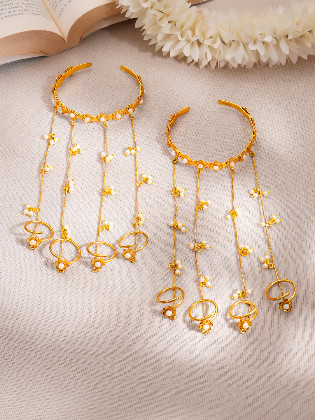 Golden Bloom Pearl Kashmiri Haathphool Bracelet