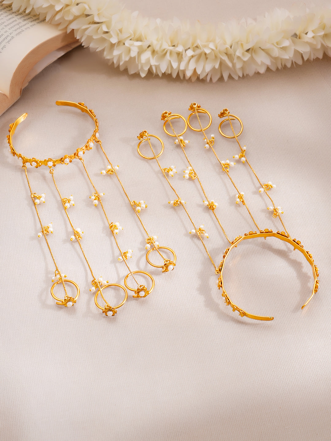 Golden Bloom Pearl Kashmiri Haathphool Bracelet