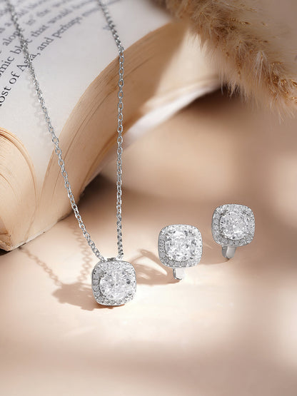 925 Fine Silver American Diamond Solitaire Pendant Necklace Set
