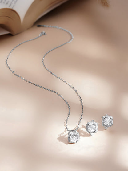925 Fine Silver American Diamond Solitaire Pendant Necklace Set