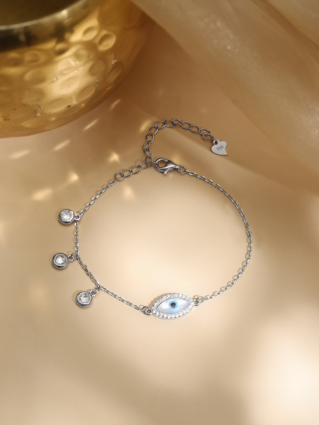 925 Fine Silver Crystal Evil Eye Charm Bracelet