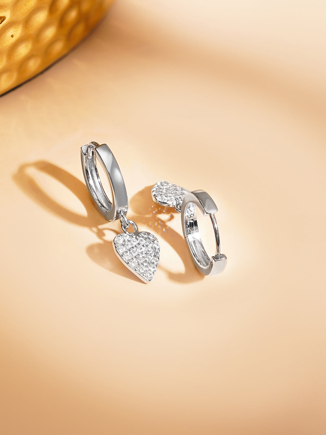 925 Fine Silver Crystal Heart Hoop Drop Earrings