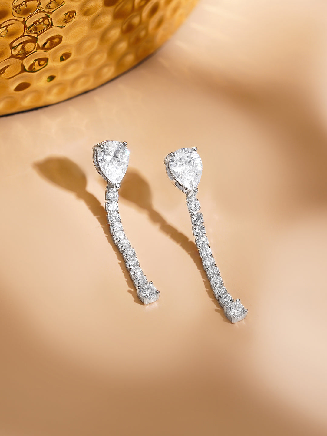 925 Fine Silver Rhodium Plated American Diamond Zirconia Dangler Earrings