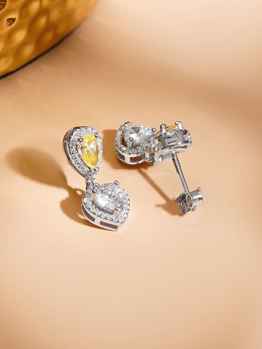 925 Fine Silver Rhodium Plated American Diamond Zirconia Yellow Citrine Heart Drop Earrings