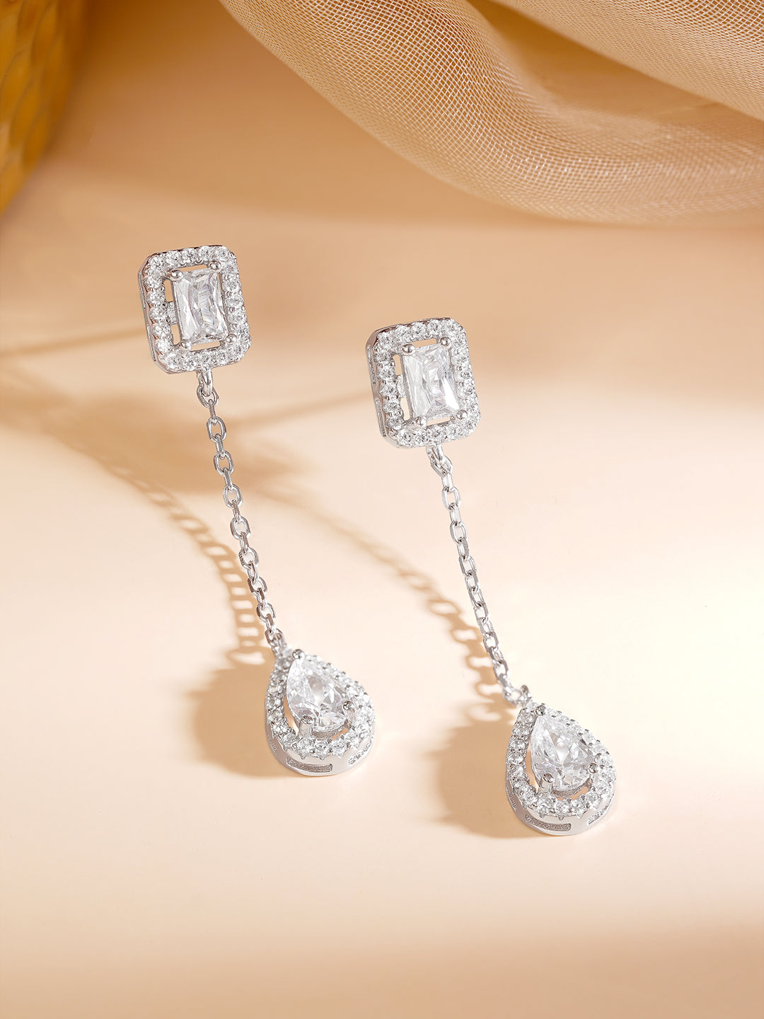 925 Fine Silver Rhodium Plated AD Drop Earrings