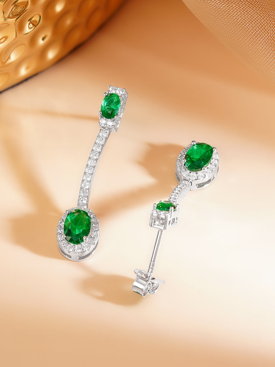 925 Fine Silver Rhodium Plated Emerald Dangler Earrings