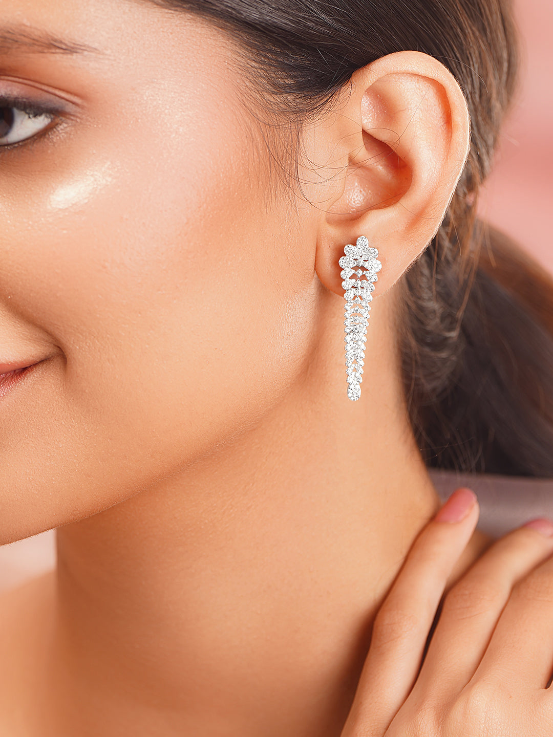 925 Fine Silver Rhodium Plated Floral Design Dangler Earrings