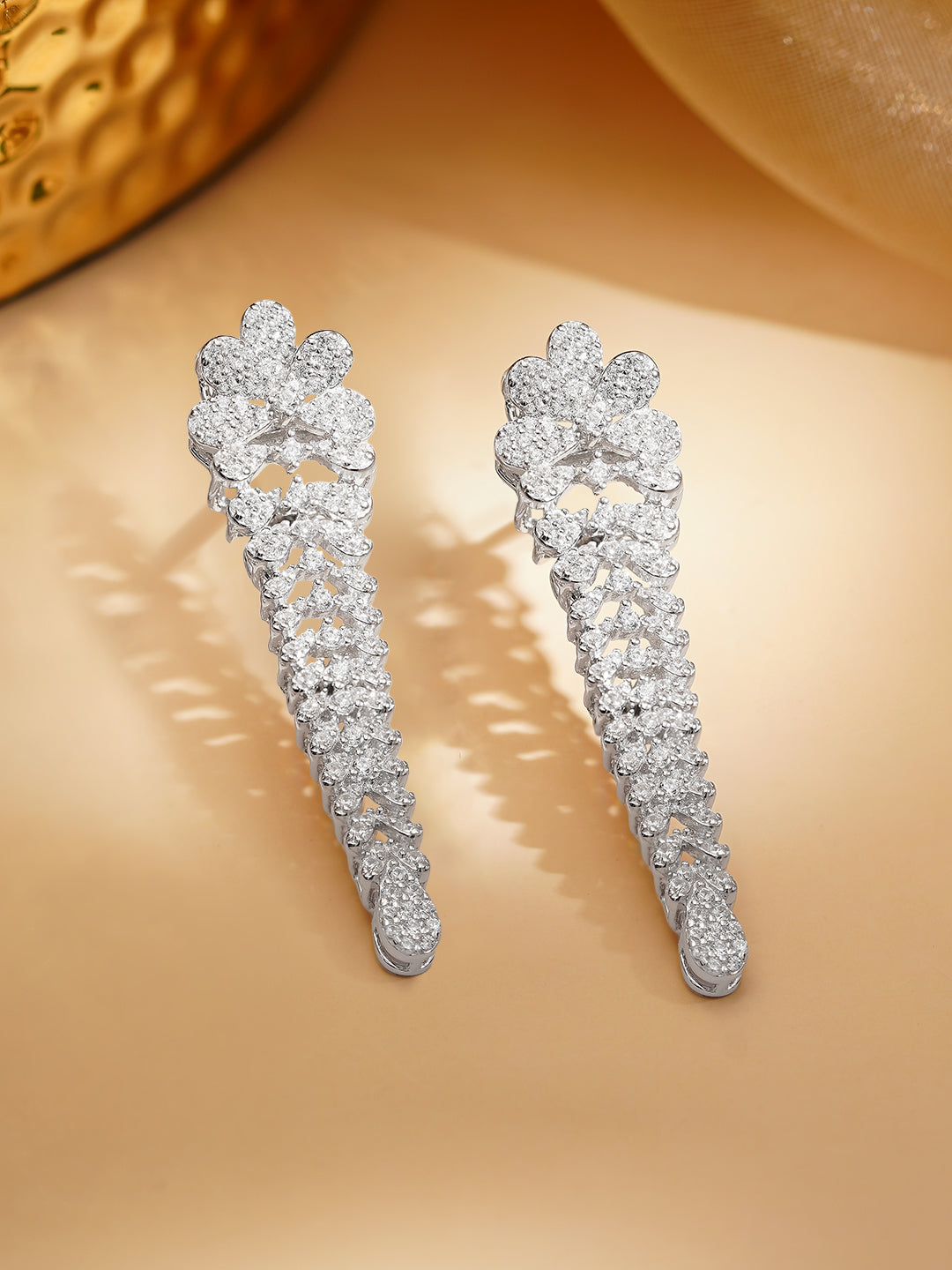 925 Fine Silver Rhodium Plated Floral Design Dangler Earrings