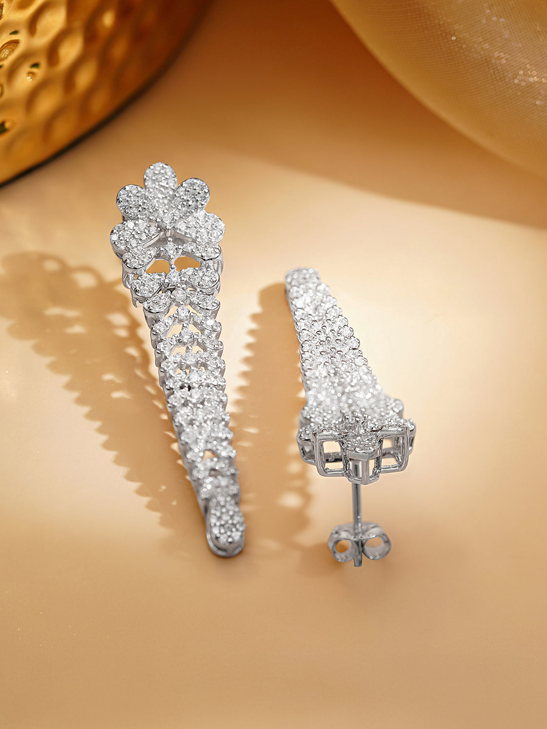 925 Fine Silver Rhodium Plated Floral Design Dangler Earrings