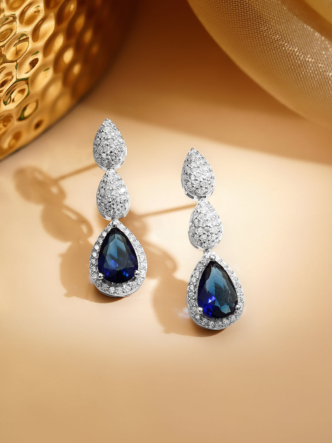 925 Fine Silver Rhodium Plated American Diamond Zirconia Blue Sapphire Earrings