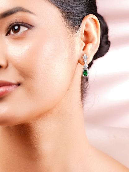 925 Fine Silver Rhodium Plated Cubic Emerald Dangler Earrings