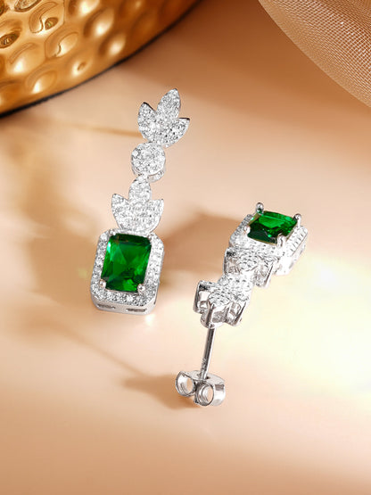 925 Fine Silver Rhodium Plated Cubic Emerald Dangler Earrings