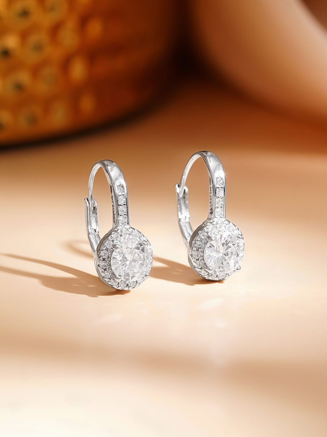 925 Fine Silver Halo Solitaire Cubic Zirconia Hoop Earrings